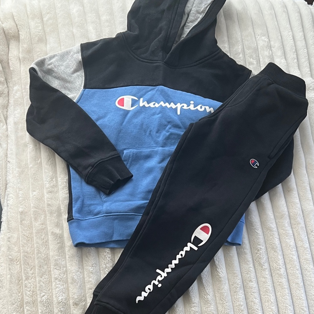 Champion Black, Blue, and Gray Hoodie Set